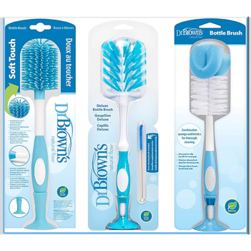 Dr. Brown's Baby Bottle and Nipple Brush Deluxe Cleaner, Soft Touch, and Sponge Brushes, Blue Variety Pack, 3 Count