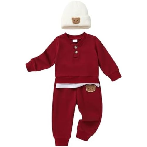 YOUNGER TREE Toddler Fall Outfits Baby Boy Sweatshirt Top Sweatpants Set Cute Sweatsuit for Boy Winter Clothes with Hat