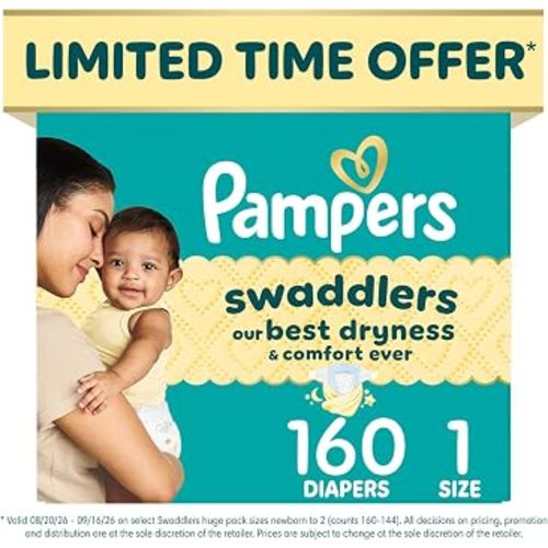 Pampers Swaddlers Diapers, Size 1, Absorbent, Keeps Baby Dry and Comfortable, Skin Safe Disposable Baby Diaper, 1 Pack (Count of 160)