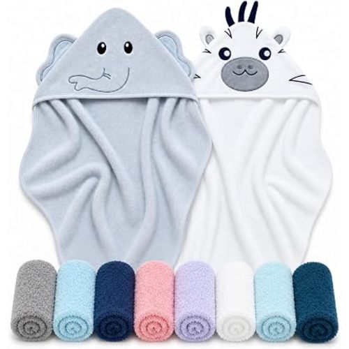 Cute Castle 2 Pack Hooded Baby Towel Rayon Made from Bamboo with 8 Washcloths - Soft Bath Towel for Bathtub for Babie, Newborn, Infant, Natural Baby Stuff Towel (Elephant and Zebra)