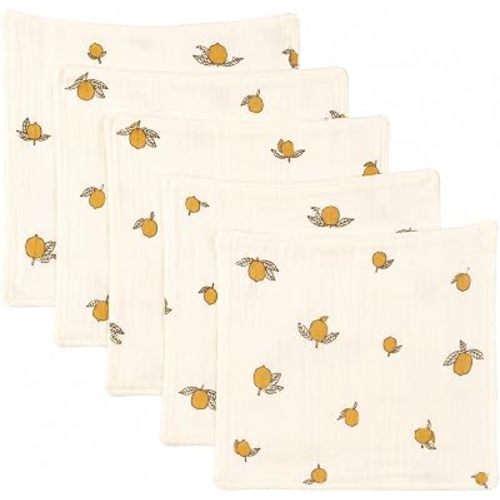 5-Pack 100% Cotton Muslin Baby Washcloths 10"X10", Lemon