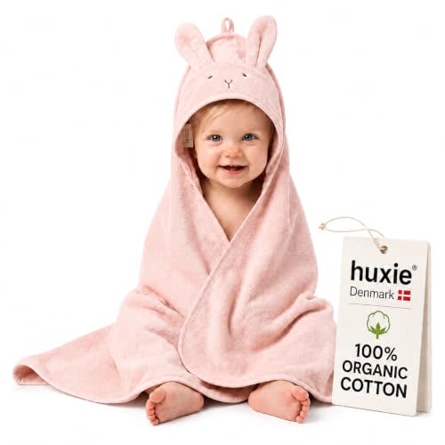 Hooded Baby Bath Towel, 100% Organic Cotton, Super-Soft 32"x32" | GOTS-certified, highly absorbent & quick-dry, snug hood from newborn to toddler, gentle baby gift (Rabbit - Blush)