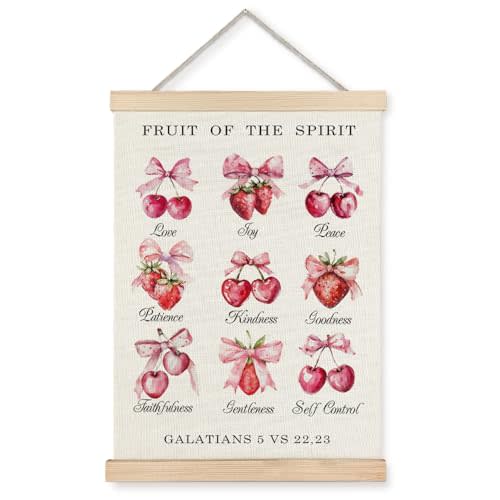 JINYO Fruit of the Spirit Christian Wall Art Poster, Christian Wall Decor, Coquette Pink Bow Strawberry Cherry Bible Verse Scripture Wall Art for Home Girls Room Decor, 12x16 Inches