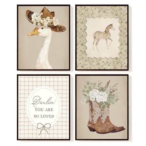 SkyCozy Cowgirl Nursery Wall Art Coquette Western Girl Poster Vintage Horse Floral Pictures Aesthetic Room Wall Decor Rustic Cowgirl Prints for Girls Bedroom, 8x10Inch Set of 4(UNFRAMED)