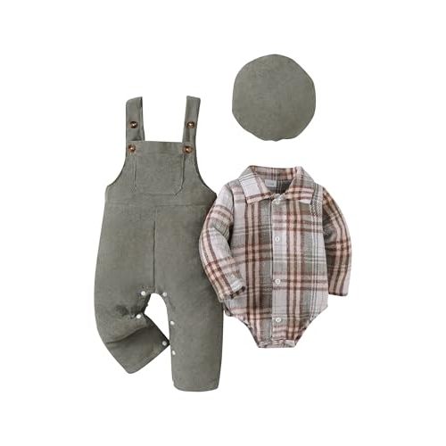 Renotemy Baby Boy Clothes Flannel Plaid Bodysuit+Corduroy Overalls+Beret Hat 3Pcs Fall Winter Outfits for 3-24 Months Boys