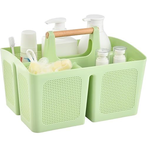 ALINK Portable Shower Caddy Basket with Compartments, Plastic Divided Cleaning Caddy Organizer Storage Tote with Handle for Bathroom, College, Dorm Room Essentials - Green