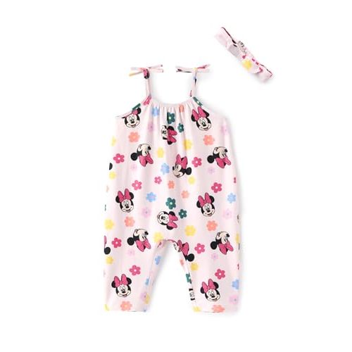 Disney Frozen Elsa Princess Minnie Stitch Marie Girls Romper with Bow Tie Strap and Headband Cute Jumpsuit for Baby & Toddler