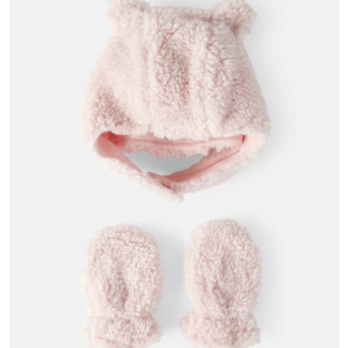 Baby Girl Sherpa Winter Hat & Mitten Set - Pink