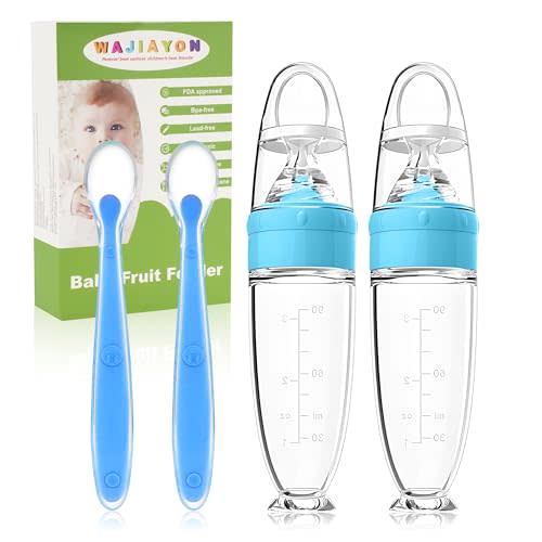 Baby Food Feeder 4 Pack Silicone Baby Food Dispensing Spoon-3 oz Squeeze Feeding Spoons with Suction Cup for Boys Girl Kids Toddlers - Self Feeding Bottle Spoon-Sky Blue