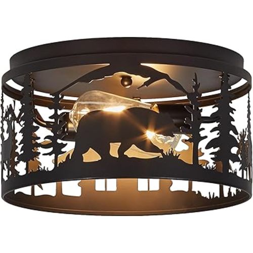 Rustic Flush Mount Ceiling Light - 2-Light Metal Fixture with Deer & Bear Design, Farmhouse Ceiling Lamp for Kitchen, Bedroom, Foyer, and Entryway - Compatible with E26 Bulbs