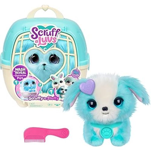 SCRUFFALUVS Pet Scruffs Blue - Mystery Plush Toy, 7.5" Tall - Wash to Reveal 1 of 3 Rescue Pets: Puppy, Bunny, or Kitty - Includes 8.7" Deluxe Pet Carrier - Styles May Vary
