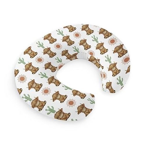 HawSkgFub Highland Cow Boho Cactus Sun Nursing Pillow Cover for Baby Boy Girl, Western Hyland Cattle Themed Breastfeeding Pillow Slipcover, Cow Lover Nursing Pillowcase for Newborn Infant, Cover Only
