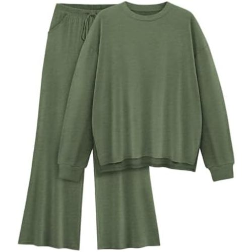Womens Lounge Set 2025 Fall 2 Piece Outfits Long Sleeve Tops Wide Leg Long Pants Cozy Matching Sets Clothing