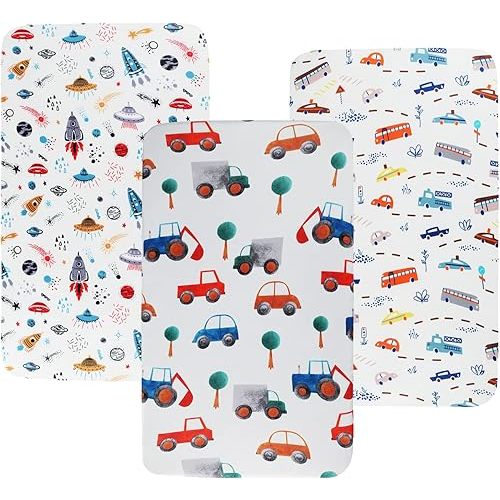 Tontukatu Pack n Play Sheet Stretchy Fitted Portable Mini Crib Sheets Set 3 Pack,Playard Sheets Convertible Playard Mattress Cover,Ultra Soft Jersey Material,Rocket Satellite,Car & Bus