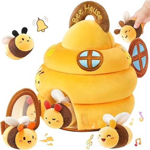 Baby Toys 6-12 Months - Soft Beehive Infant Toy with 5 Sensory Bees, Rattle, Crinkle, Squeaker, Mirror & Music, Montessori Toys for Babies 3 6 9 12 18 Months, Baby Boys Girls Christmas Birthday Gifts