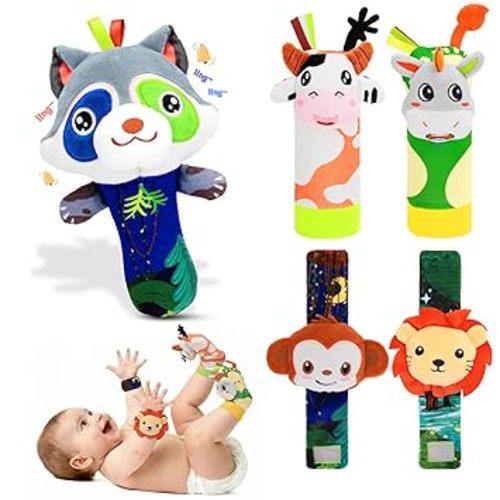 Baby Wrist Rattle Foot Finder Socks Set, CPC Safe Sensory Plush Toys for 0-12 Months Newborn Boys Girls, Ocean Rattles Baby Shower Registry Gift for Expecting Moms Essentials