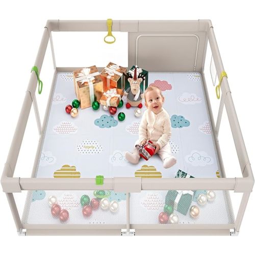 Fodoss Baby Playpen with Mat - 71×59inch Extra Large Playpen for Babies and Toddlers, Indoor & Outdoor Baby Play Yard, Beige