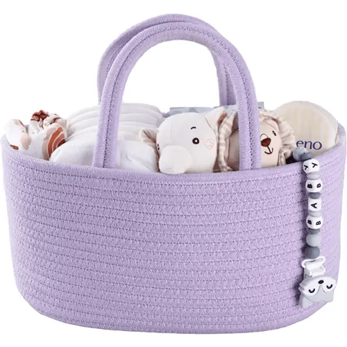 Baby Diaper Caddy Organizer Cotton Rope Nursery Storage Bin Basket Portable Holder Tote Bag for Changing Table Car Travel Baby Shower Gifts Newborn Essentials Registry Must Have Purple or Lavender