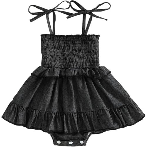 XRTBMN Infant Girl Denim Romper Dress Newborn Baby Summer Outfits Sleeveless Tie Up Shoulder Smocked Ruffle Bodysuit