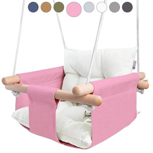 CaTeam Canvas Baby Swing Seat with 5-Point Safety Belt — Wooden Hanging Toddler Swing, Indoor & Outdoor, Ages 1-4, Ceiling Mount Hardware Included, Pink