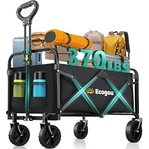 Collapsible Wagon with Wheels, 370lbs Weight Capacity Foldable Beach Wagon with Flexible Handle Portable Utility Wagon Cart for Outdoor, Grocery, Garden, Camping