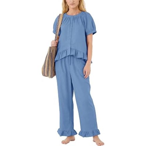 Flygo Womens Ruffle Pajamas Short Sleeve Button Down Lounge Set 2 Piece Solid Pjs Sleepwear Drawstring with Pockets
