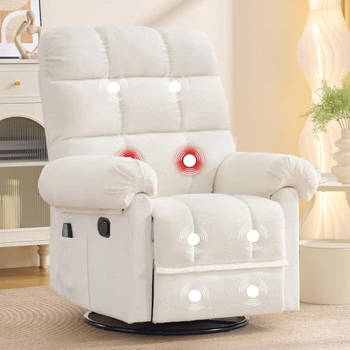 Korser 360° Swivel Rocker Recliner Chair, Rocking Chair Nursery with Massage and Heat, Small Recliners for Small Spaces, Manual Reclining Chair with Cozy Chenille Fabric, Side Pockets for Living Room