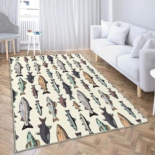 Ansouyi Non-Slip 5x7 ft Area Rugs, Washable Rug Carpet for Living Room, Vintage Fishes Trout Salmon Sea Animals Home Decor Rugs
