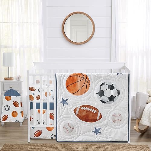 Sweet Jojo Designs Sports Theme Boy Baby Crib Bedding Set Infant Nursery Room BreathableBaby Breathable Mesh Crib Liner Blanket Fitted Sheet 6p Watercolor Vintage Soccer Football Baseball Basketball