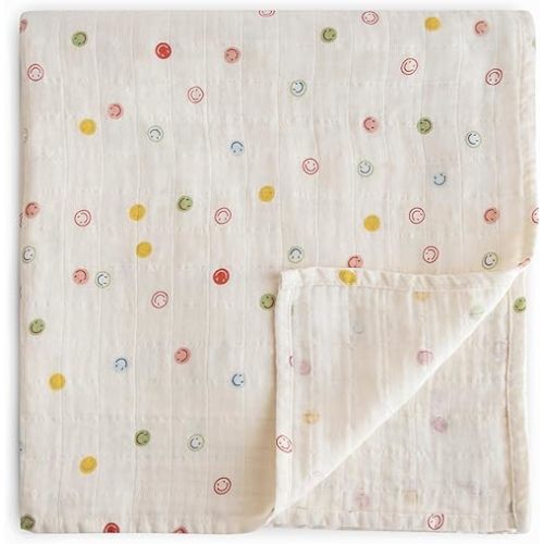 mushie Muslin Baby Swaddle Blanket (Smiley Face)