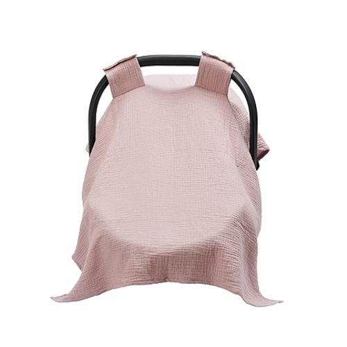 Meracorallo Muslin Baby Car Seat Cover, 100% Cotton Infant Carrier Cover, Lightweight Breathable Soft Carseat Canopy for Baby Boys and Girls (Pink)