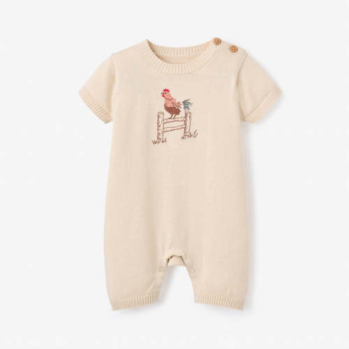 Rooster Embroidered Knit Shortall WHEAT / 3-6M