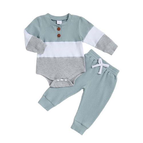 Xudanell Toddler Outfits for Boys Button Romper Baby Boy Simple Clothes 12-18 Months Color Blocking Set