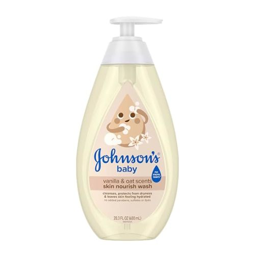 Johnson's Skin Nourishing Moisture Baby Wash, Vanilla & Oat Scents, Tear-Free, Hypoallergenic Baby Body Wash Cleanses, Protects from Dryness, & Leaves Skin Feeling Hydrated, 20.3 fl. oz