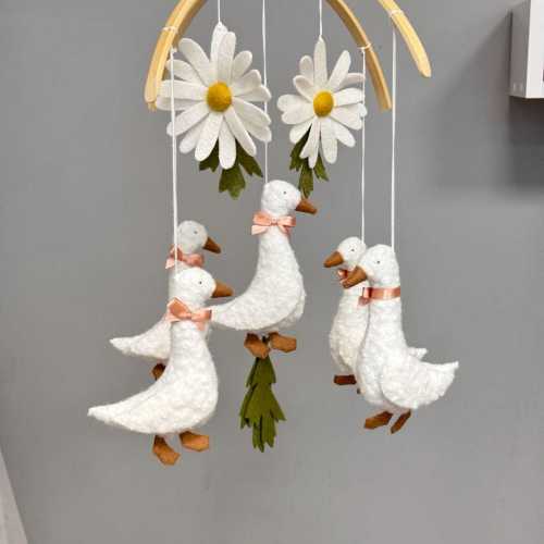 Neutral Felt Goose Mobile with Daisies, Nursery Decor
