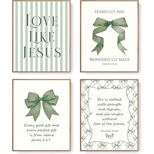 LARTSFRO Coquette Green Bow Jesus Wall Art Decor Posters, Olive Green Bow Christian Room Bedroom Bathroom Dorm Wall Art Decor Aesthetic for College Teen Girls Gifts, Inspirational Bible Verses Bow Wall Decor, 10x8 Inch Set of 4 Bow Pictures(UNFRAMED)