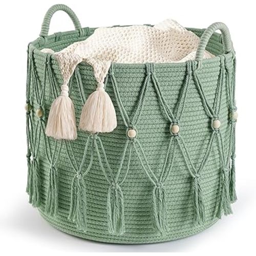 Blanket Basket for Living Room Decor Storage Basket for Toy Organizer Boho Decor Baskets for Modern Farmhouse Decor Small Laundry Basket for Bedroom and Laundry Room Organization,Green