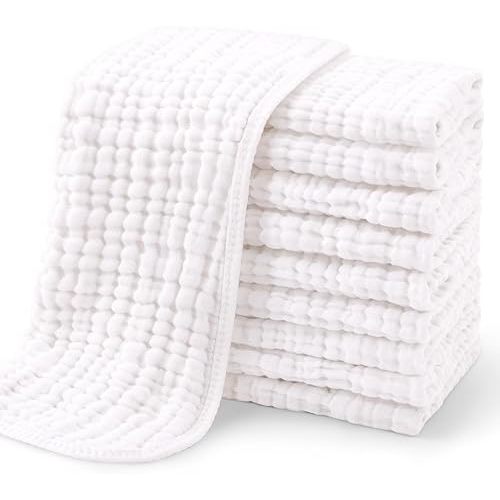 Yoofoss Muslin Burp Cloths for Baby 10 Pack 100% Organic Cotton Baby Washcloths for Boys Girls Large 20''X10'' Super Soft and Absorbent White