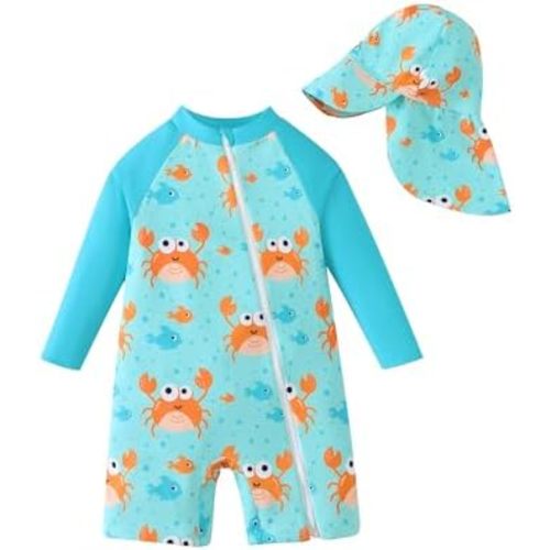 Baby Boy Swimsuit Rash Guard Swimwear Zipper Toddler Boy One Piece Bathing Suit With Hat Sun Protection Sunsuit