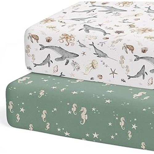 Crib Sheets Neutral - Fitted Baby Crib Sheets Bed for Girl Boy - 2 Pack Standard & Toddler Mattress (Ocean Odyssey) - Buttery Soft Organic Cotton Blend