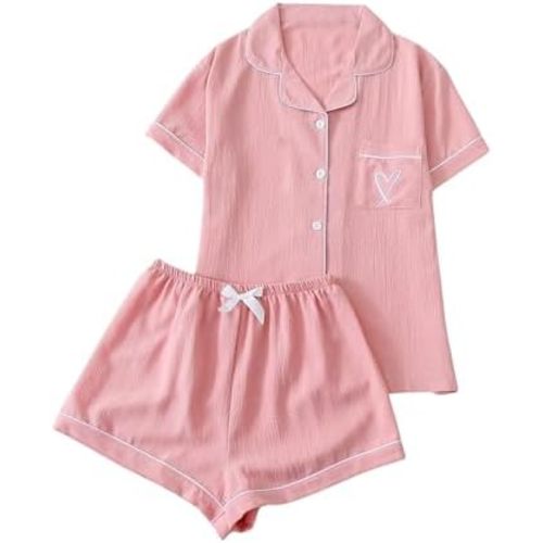 Verdusa Women's 2 Piece Pajama Sets Lightweight Fall Pajamas Cute Pj Set Button Shirt with Shorts Lounge Pjs