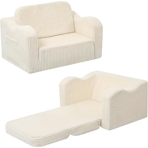 MeMoreCool Kids Couch, 2-in-1 Corduroy Fold Out Chair, Washable Foam, Beige