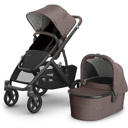 UPPAbaby Vista V3 Stroller + Bassinet V3 - Convertible Single-to-Double Stroller System- Bassinet, Toddler Seat, Bug Shield, Rain Shield Included - Owen - Mocha Mélange|Carbon Frame | Chestnut Leather