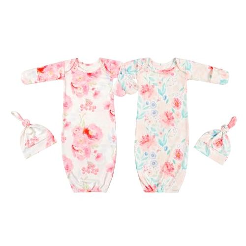 Giggle Angel Newborn Baby Sleeper Gown with Hat Knotted Gown Nightgown Coming Home Outfits for Baby Girl 2 Pieces Set