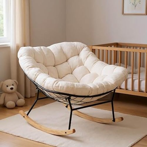 Rocking Chair Nursery, Ergonomic Papasan Chair with Soft Thick Cotton Cushion, Comfy Sofa Recliner Egg Chair for Living Room, Bedroom, Reading Room, Lounge (Beige)