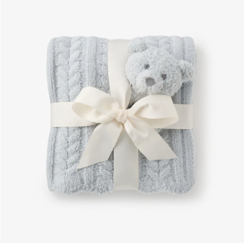 Pale Blue Cable Feather Knit Baby Blanket + Rattle Gift Set – Elegant Baby