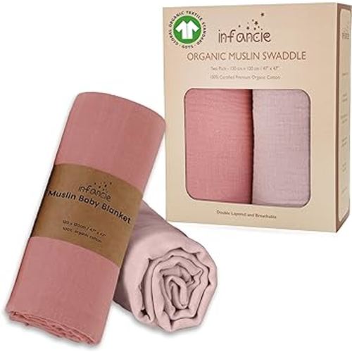 Organic Cotton Baby Muslin Blanket - Breathable, Large 47x47 inches for Baby Swaddle Blanket Hypoallergenic Muslin Baby Blankets, Versatile, Double Layer (Rose/Peach)