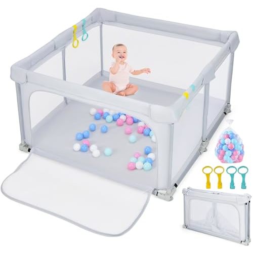 INFANS Baby Playpen Foldable, 50’’x50’’ Large Playard for Toddlers with Gate, Soft Visible Mesh, Indoor Outdoor Kids Activity Center Baby Fence with 4 Handlers 50 Ocean Balls (Gray)