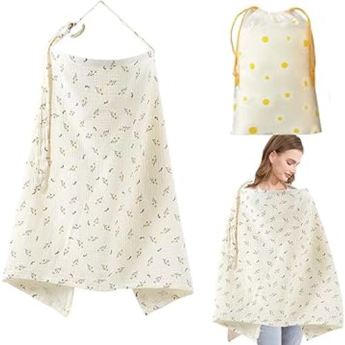 Muslin Nursing Cover Baby Breastfeeding Nursing Cover Infant Cloth Stroller Cover 360°Coverage Breathable Lightweight for Privacy Shield - KAMHBE (Flower)