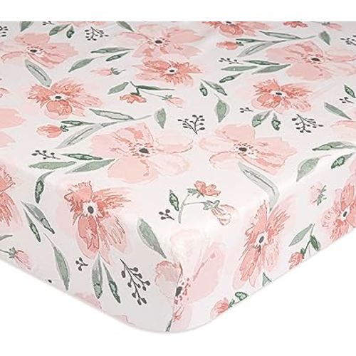 Crane Baby Soft Cotton Crib Mattress Sheet, Fitted Sheet for Cribs and Toddler Beds, Pink Floral, 28”w x 52”h x 9”d